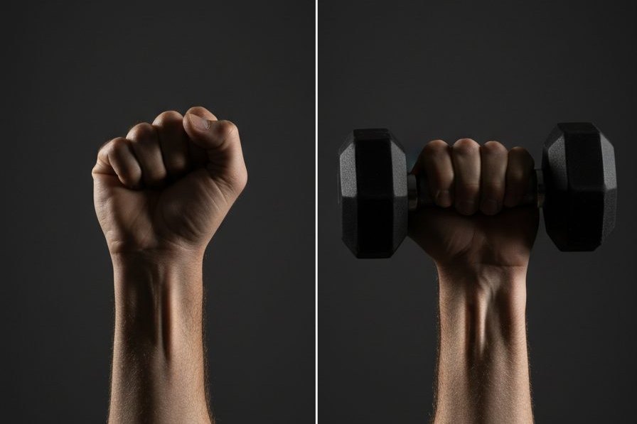 An empty clenched fist beside a hand gripping a dumbbell