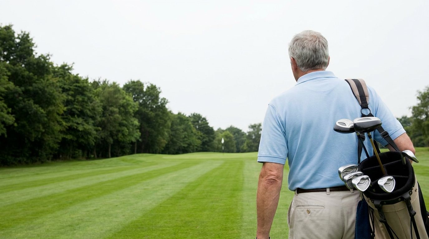 A man walking a golf fairway on an overcast morning